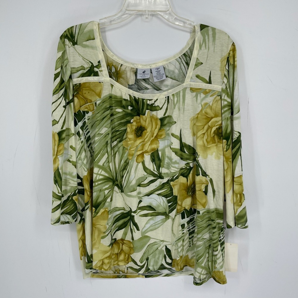 Caribbean Joe NWT Womens Green Floral Tropical 3/4 Sleeve Tunic Top Plus Size 2X